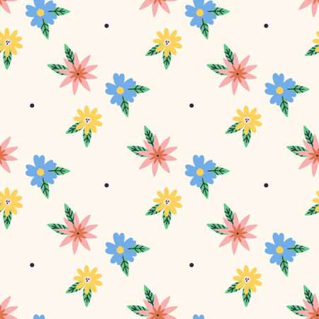 Spring cute cartoon flower pattern. Spring seamless background for print, textile, wrapping paper, fabric. Flat surface designのイラスト素材