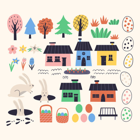Set of spring Easter elements. Happy Easter holiday concept for egg hunt design, print, social media, poster, postcard. Modern Flat Styleのイラスト素材