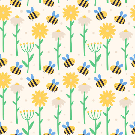 Summer flowers daisies orchids bees pattern. Spring seamless background for print, textile, wrapping paper, fabric. Flat surface designのイラスト素材