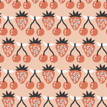 Seamless pattern groovy boho wavy strawberry and cherry. Retro neutral background for print, textile, wrapping paper, fabric. Flat surface designのイラスト素材