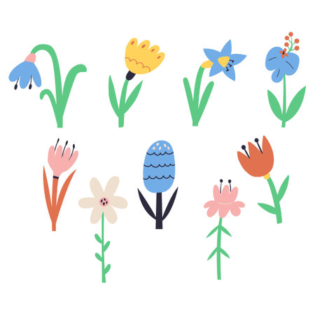 Vector collection spring modern flower. Summer botanical decor concept for kids design, print, social media, poster, postcard. Modern Flat Styleのイラスト素材