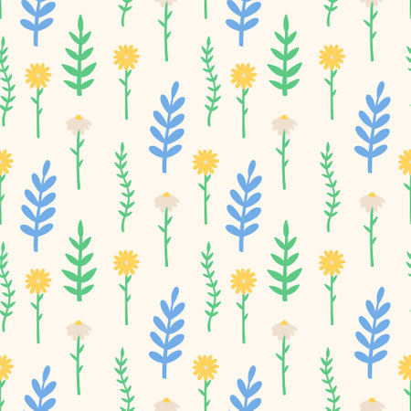 Spring pattern cartoon daisy orchid flower. Spring seamless background for print, textile, wrapping paper, fabric. Flat surface designのイラスト素材