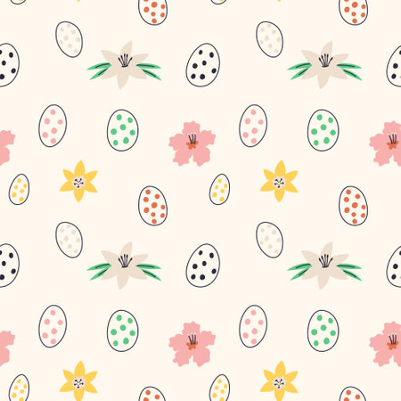 Spring cute cartoon pattern flower and abstract egg. Spring seamless background for print, textile, wrapping paper, fabric. Flat surface designのイラスト素材