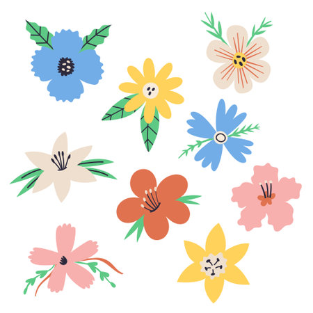 Vector collection spring blossom flower. Summer botanical decor concept for kids design, print, social media, poster, postcard. Modern Flat Styleのイラスト素材
