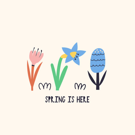 Spring flowers with typography. Happy Easter holiday concept for egg hunt design, print, social media, poster, postcard. Modern Flat Styleのイラスト素材