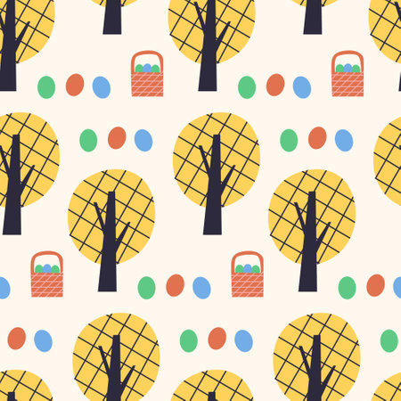 Spring trees with a basket of Easter eggs pattern. Spring seamless background for print, textile, wrapping paper, fabric. Flat surface designのイラスト素材