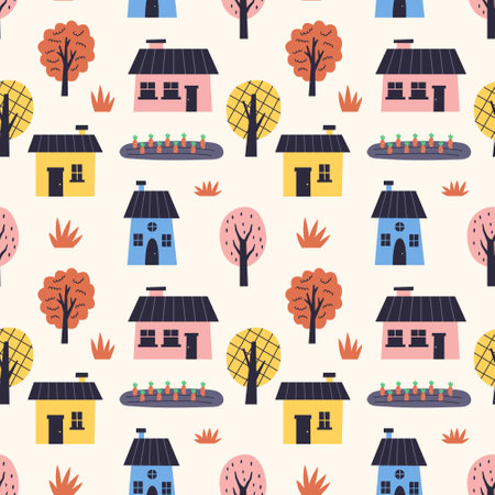 Tree houses village pattern. Spring seamless background for print, textile, wrapping paper, fabric. Flat surface designのイラスト素材