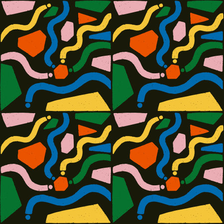 Geometry Shape Seamless Pattern. Organic colorful doodle on black background with different figure. Vector contemporary texture art. Modern wallpaper. Trendy textile fabric paper for kidsのイラスト素材