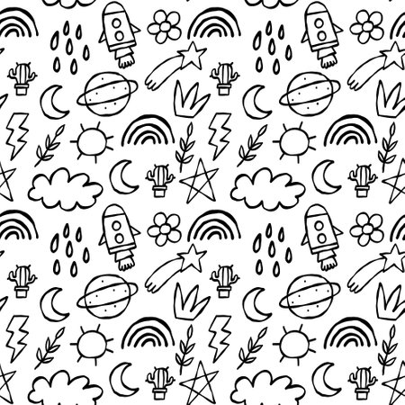 Doodle Nature Weather Seamless Pattern. Organic black outline doodle with different decor element. Vector contemporary playful art. Modern wallpaper. Trendy textile fabric paper for kidsのイラスト素材
