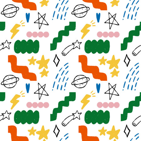 Abstract Geometry Shape Seamless Pattern. Organic colorful doodle on white background with different figure. Vector contemporary texture art. Modern wallpaper. Trendy textile fabric paper for kidsのイラスト素材