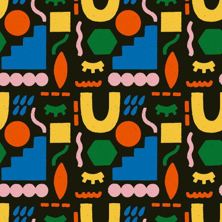 Abstract Geometric Shape Seamless Pattern. Organic colorful doodle on black background with different figure. Vector contemporary texture art. Modern wallpaper. Trendy textile fabric paper for kidsのイラスト素材