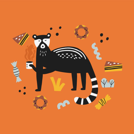 Asian animal kopi luwak drinks coffee.  Hand drawn doodle vector illustrationのイラスト素材