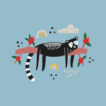 Asian animal kopi luwak lies on a branch coffee cherry. Hand drawn doodle vector illustrationのイラスト素材