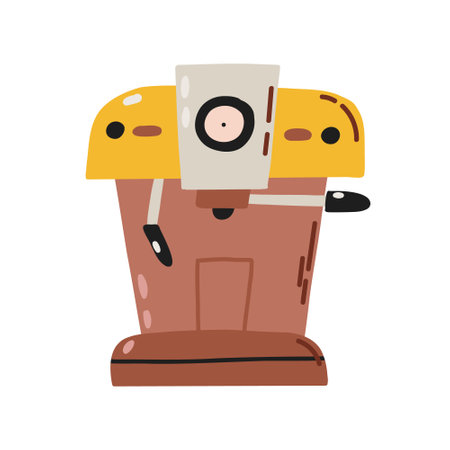 Express coffee brewing machine. Equipment for making aromatic beverages. Hand drawn kids vector illustration in doodle styleのイラスト素材