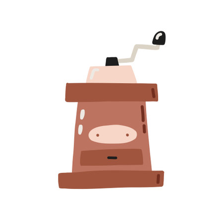 Classic manual coffee mill grinder in wooden case. Equipment for making aromatic beverages. Hand drawn vector illustration in doodle styleのイラスト素材