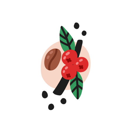 Coffee cherry berries and beans. Hand drawn kids vector illustration in doodle styleのイラスト素材