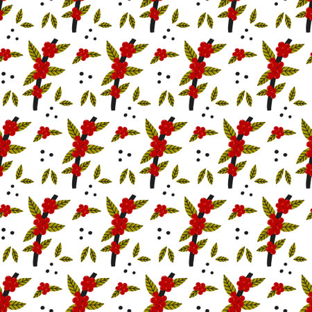 Coffee cherry bunch surface pattern. Seamless vector background. Asian animals stylish trendy fabric design paperのイラスト素材