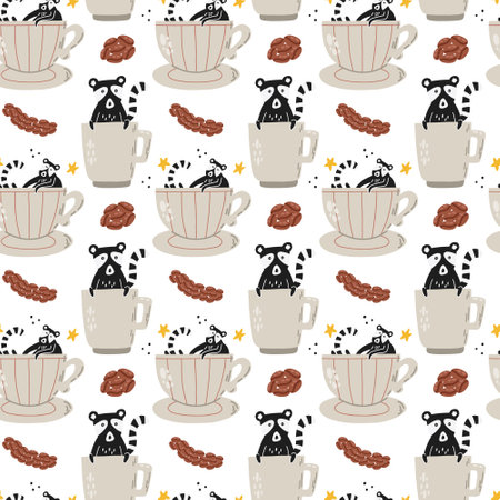 Kopi Luwak with coffee cup surface pattern. Seamless background vector civet palm cat. Asian animals stylish trendy fabric design paperのイラスト素材