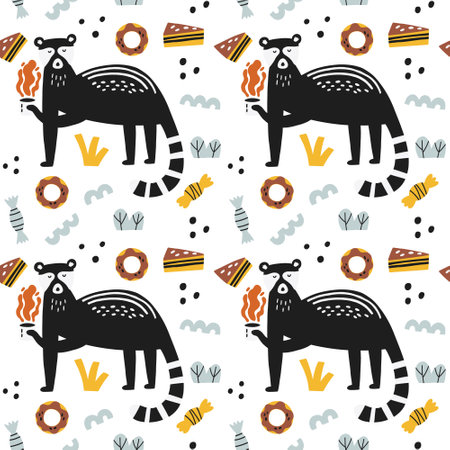 Cute Kopi Luwak with sweet food surface pattern. Seamless background vector civet palm cat. Asian animals stylish trendy fabric design paperのイラスト素材