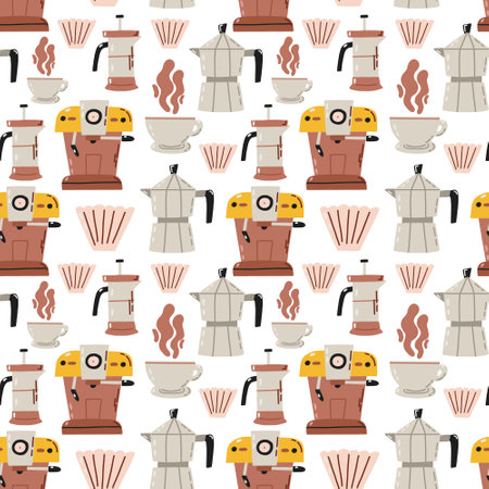 Coffee device maker surface pattern. Seamless vector background. Stylish trendy fabric design paperのイラスト素材