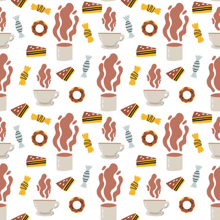 Coffee cup with sweet food surface pattern. Seamless vector background. Stylish trendy fabric design paperのイラスト素材
