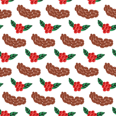Coffee civet bean and cherry bunch surface pattern. Seamless vector background. Asian animals stylish trendy fabric design paperのイラスト素材