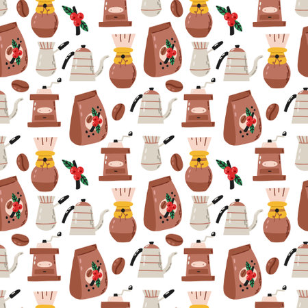 Coffee device maker with beans surface pattern. Seamless vector background. Stylish trendy fabric design paperのイラスト素材