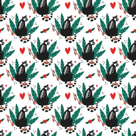 Kopi Luwak on cherry coffee brunch tropical leaf surface pattern. Seamless background vector civet palm cat. Asian animals stylish trendy fabric design paperのイラスト素材