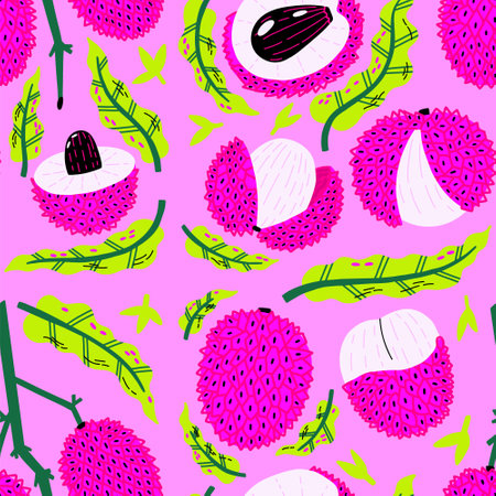 Seamless pattern Tropical Fruit Lychee in acid colors. Hand Drawn exotic food. Vector trendy surface background for fabric, textile, wallpaperのイラスト素材