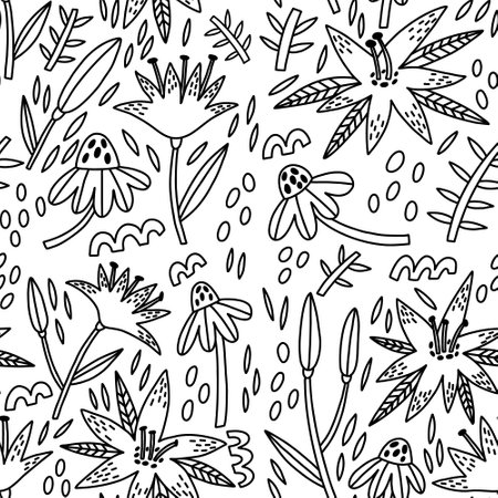 Doodle Wildflower Lily Camomile seamless pattern. Hand Drawn naive floral. Vector surface background for fabric, textile, wallpaperのイラスト素材