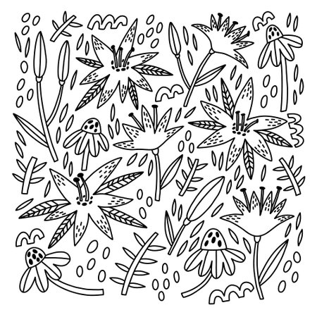 Doodle Wildflower Camomile Leaf collection elements for adult or children coloring book. Hand Drawn vector naive floral for drawingのイラスト素材