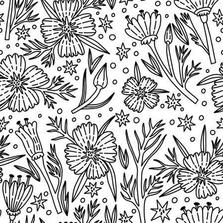 Doodle flower poppy seamless pattern. Hand Drawn naive floral. Vector surface background for fabric, textile, wallpaperのイラスト素材