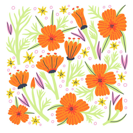 Set Flower Poppy and Leaf vector collection element. Hand Drawn vector set naive floral and nature leafのイラスト素材