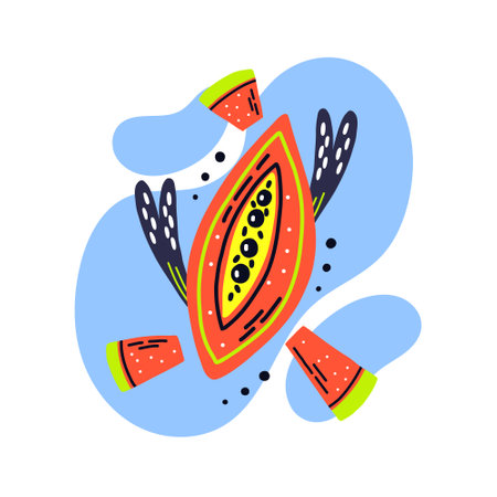Acid fruit papaya slice on bright spot with pieces. hand drawn vectorのイラスト素材