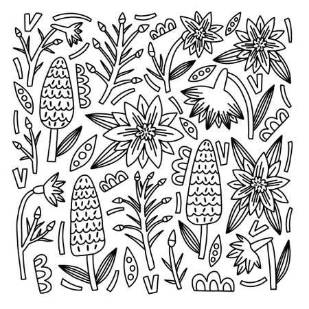 Doodle Flower Delphinium coloring book. Hand Drawn vector naive floral for drawingのイラスト素材