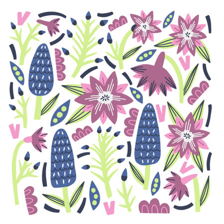 Set Flower Delphinium and Plant decorative element. Hand Drawn vector set naive floral and nature leafのイラスト素材
