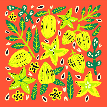 Decorative acid set tropical fruit carambola and leaf. Exotic fresh food vibrant neon collection. hand drawn vectorのイラスト素材