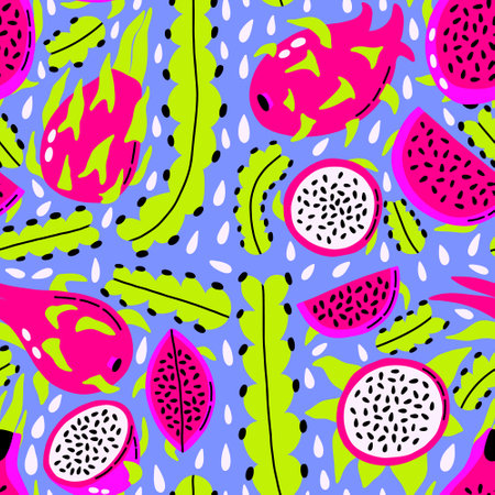 Seamless pattern acid dragon fruit cactus. Hand Drawn vibrant neon exotic food. Vector trendy surface background for fabric, textile, wallpaperのイラスト素材