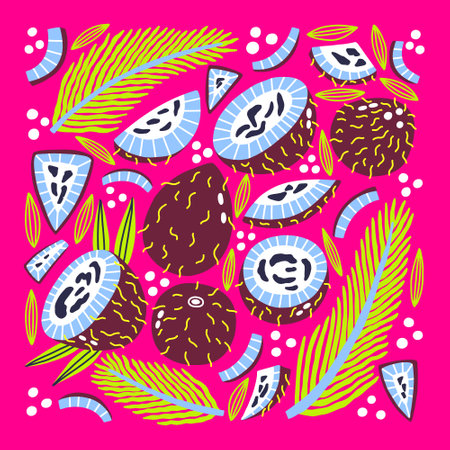 Decorative acid set tropical fruit coconut and palm leaf. Exotic fresh food vibrant neon collection. hand drawn vectorのイラスト素材