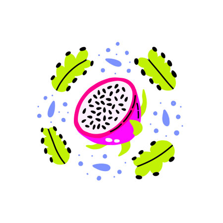 Dragon Fruit with cactus leaf in acid color. hand drawn vectorのイラスト素材
