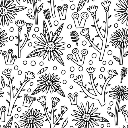 Doodle Flower Asters seamless pattern. Hand Drawn naive floral. Vector surface background for fabric, textile, wallpaperのイラスト素材