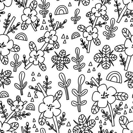 Doodle Flower Bacopas seamless pattern. Hand Drawn naive floral. Vector surface background for fabric, textile, wallpaperのイラスト素材