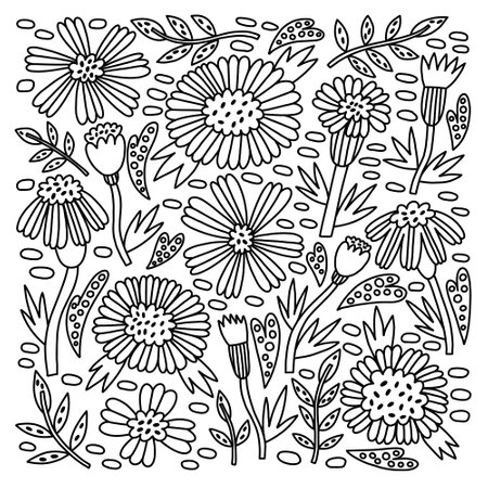 Doodle Flower Marigold coloring book. Hand Drawn vector naive floral for drawingのイラスト素材