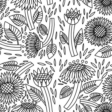 Seamless pattern doodle flower Sunflower. Hand Drawn naive floral. Vector surface background for fabric, textile, wallpaperのイラスト素材