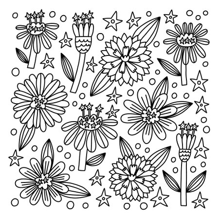 Doodle Flower Common Zinnias coloring book. Hand Drawn vector naive floral for drawingのイラスト素材
