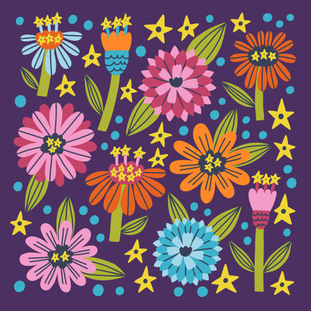 Flower Common Zinnias and Plant vector collection element. Hand Drawn vector naive floral and nature leafのイラスト素材