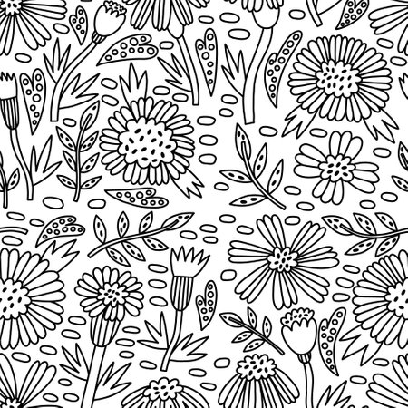 Seamless pattern doodle flower Marigold. Hand Drawn naive floral. Vector surface background for fabric, textile, wallpaperのイラスト素材