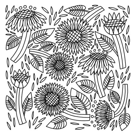 Doodle Flower Sunflower coloring book. Hand Drawn vector naive floral for drawingのイラスト素材