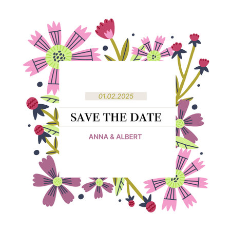 Flower frame for text vector in hand drawn style. Floral Botanical bouquet square border with leaves. Greeting card, wedding banner, invitation designのイラスト素材