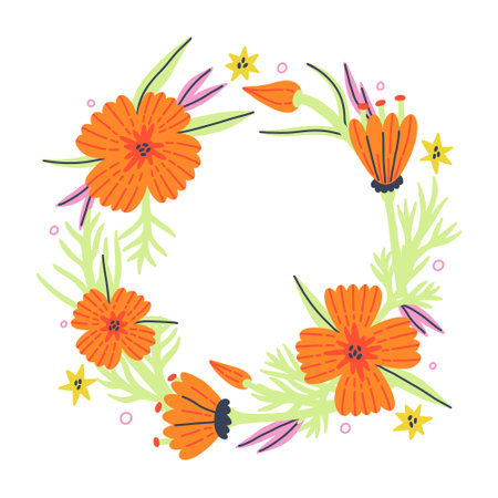 Flower Poppy circle frame for text in vector hand drawn style. Floral Botanical bouquet border with leaves. Greeting card, wedding banner, invitation designのイラスト素材